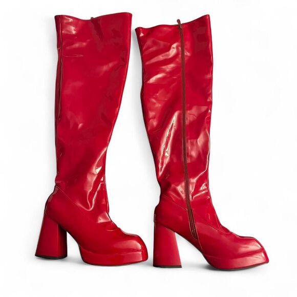 Shiny Red Platform Thigh-High Boots - Picture 2 of 5
